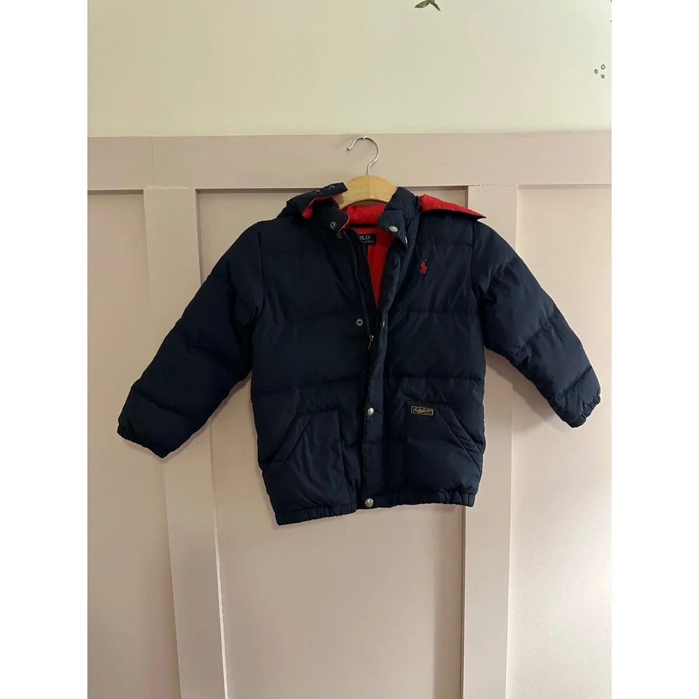 Polo Ralph Lauren Kids Navy Blue Down Puffer Jacket Detachable Hood Size 7